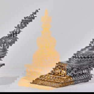 Gilt Bronze Pagoda: Gilded alloy copper (Lima copper) Tibetan-style pagoda in the form of a thirteen-tiered stupa and a hemispherical dome. Cast by the lost-wax method (with precise details of the finial, lotus base, and