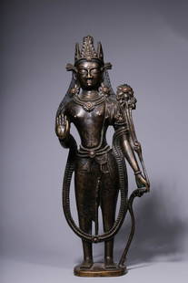 Qing Dynasty Alloy Bronze Inlaid Silver Lotus Holding Avalokitesvara Standing Statue: This alloy copper (with a dense texture) inlaid with silver (the silver details of the necklace and crown are warm and mellow) holds a lotus (symbolizing purity, a subject of the Han-style Guanyin). I