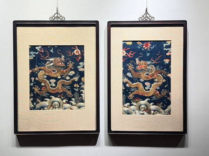 Mid to Late Qing Dynasty, Pair of Gold Thread Embroidered Dragons: Silk thread (mainly gold thread for raised gold embroidery, luxurious and eye-catching) on a blue satin ground (emphasizing the dragon pattern to show majesty).Raised gold embroidery (gold thread outl