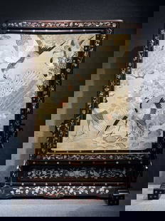 A late Qing Dynasty and Republic of China period inlaid mother-of-pearl and Cantonese embroidery: The redwood frame (inlaid with mother-of-pearl and abalone shell pieces) features Cantonese embroidery (using silk thread with seed stitch and couching stitch techniques) depicting peacocks, peonies,