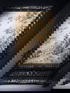 Inlaid Mother-of-Pearl Fine Cantonese Embroidery "Hundred Birds Paying Homage to the Phoenix": Redwood frame (inlaid with mother-of-pearl and abalone shell pieces with iridescent colors), Cantonese embroidery (silk thread couching and seed stitch depicting a variety of birds and phoenixes). The