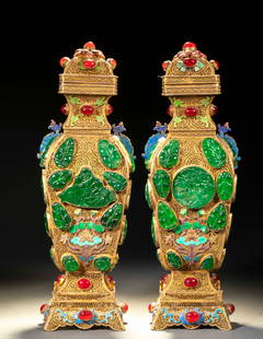 A pair of silver-gilt cloisonné jade-inlaid presentation vases, Qianlong period: A Pair of Silver Gilt Cloisonné Inlaid Jadeite Vases, Marked "Made in the Qianlong Reign of the Great Qing Dynasty": With silver as the base, the surface is covered with a gold layer through gilding