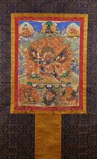 Embroidered Thangka: Embroidered Thangka: Based on silk fabric, it uses embroidery techniques such as plain stitch and gold thread embroidery to depict Tibetan Buddhist dharma protectors, gurus, and other themes. With ric