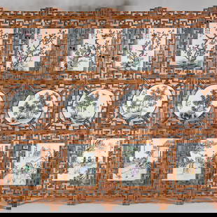 Purple sand inlaid with Xiangfei bamboo? "Happiness on the Eyebrows"? porcelain plate screen: Zitan Screen Inlaid with Xiangfei Bamboo and Porcelain Plate Paintings of "Magpies on Plum Blossoms": With a zitan frame, inlaid with Xiangfei bamboo (spotted bamboo) as the base, and inlaid with porc