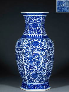 A Qianlong period blue and white porcelain vase with a hexagonal body and a design of entwined: Qing Qianlong Blue-and-White Hexagonal Vase with Interlocking Flower, Dragon, and Phoenix Patterns: Made by throwing porcelain clay into a hexagonal shape, it is painted with interlocking flower, drag
