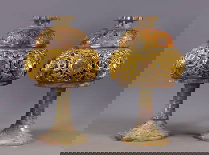 A Pair of Incense Burners of Copper Gilt Inlaid with Hetian Jade from Before the Ming Dynasty: Pair of Pre-Ming Gilded Bronze Incense Burners Inlaid with Hetian Jade: The burner bodies are cast in bronze, gilded (with the gold layer mottled, showing traces of time), inlaid with Hetian jade plaq