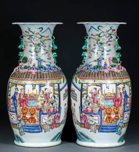 A pair of porcelain vases with painted figures and the design of chilong and lion-shaped handles: A pair of Qing Dynasty polychrome porcelain vases with dragon and lion handles and sunflower-shaped mouths: Made of porcelain clay, these vases feature polychrome paintings depicting scenes of human s