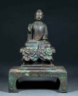 Before Ming Dynasty, copper seated statue of Sakyamuni: Bronze Seated Statue of Sakyamuni, Pre-Ming Dynasty: Cast in bronze, the statue depicts Sakyamuni in a cross-legged sitting posture, with the fearless mudra and the wish-fulfilling mudra, and features