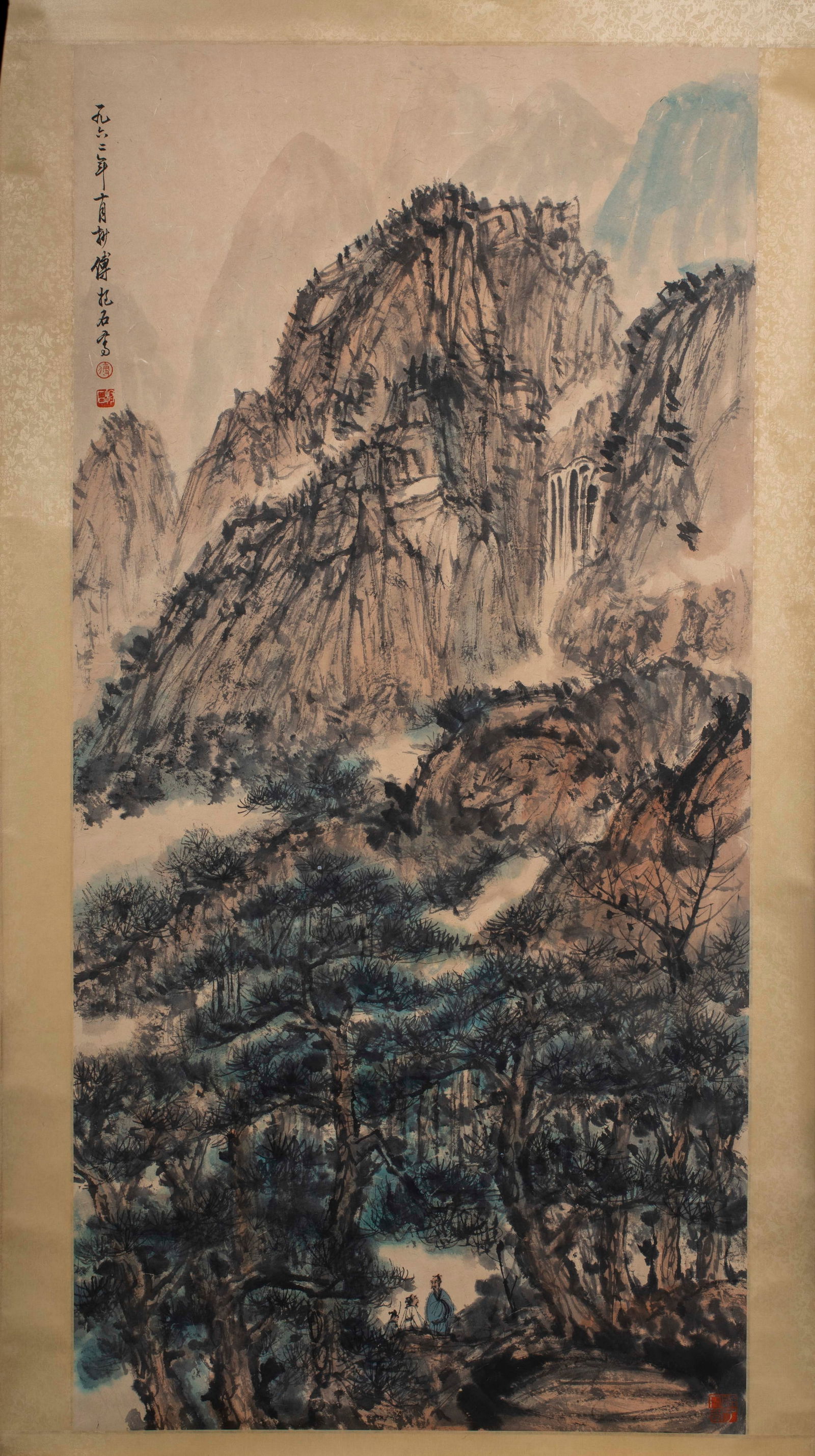 Fu Baoshi, landscape, hanging scroll: Fu Baoshi's Vertical Scroll of Landscape Painting: It is a colored painting on paper, created by Fu Baoshi in 1963. The landscape is painted with the "Baoshi texture strokes", featuring bold and far-r