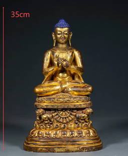 Before Ming Dynasty, copper-gilt, high-platform Sakyamuni Buddha statue: Gilt-bronze Statue of Sakyamuni Buddha on a High Platform from the Ming Dynasty: Crafted from gilt-bronze and cast using the lost-wax method, it features a high platform base, spiral curls, and robe t