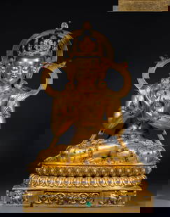 Ming Dynasty Xuande Gilt Copper Inlaid Guanyin Seated Statue: The copper gilt and inlaid seated Guanyin statue of the Ming Xuande period: Made with copper as the base, it was precisely cast using the lost-wax method. The gilding highlights its opulence, and it i