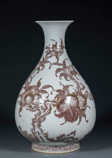 Yongle Jade Vase with Auspicious Symbols of Many Children and Happiness: A Ming Dynasty or earlier underglaze red "Many Children and Much Happiness" Gu-shaped vase: Made from porcelain clay and fired at high temperatures, it features underglaze red paintings of grapes and