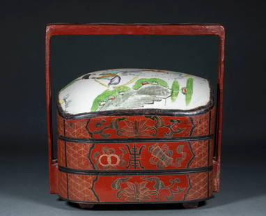 Qing Dynasty Lacquerware with Engraved Porcelain Figures, Food Box: Red lacquered wooden food box with porcelain inlay: The base is made of wood and coated with red lacquer. The lid is inlaid with porcelain pieces depicting stories of figures. The whole body is decora