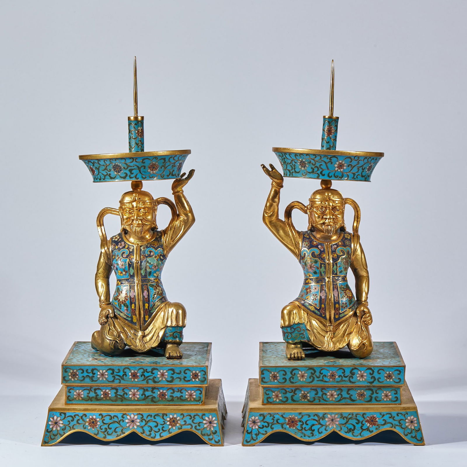 Enamel, figure candlestick: Enamel, figure candlestickCopper body, supplemented with enamel glaze (blue, green, etc.) and gilded decoration. It adopts the "cloisonne enamel" (cloisonne) technique (copper base with cloisonne patt
