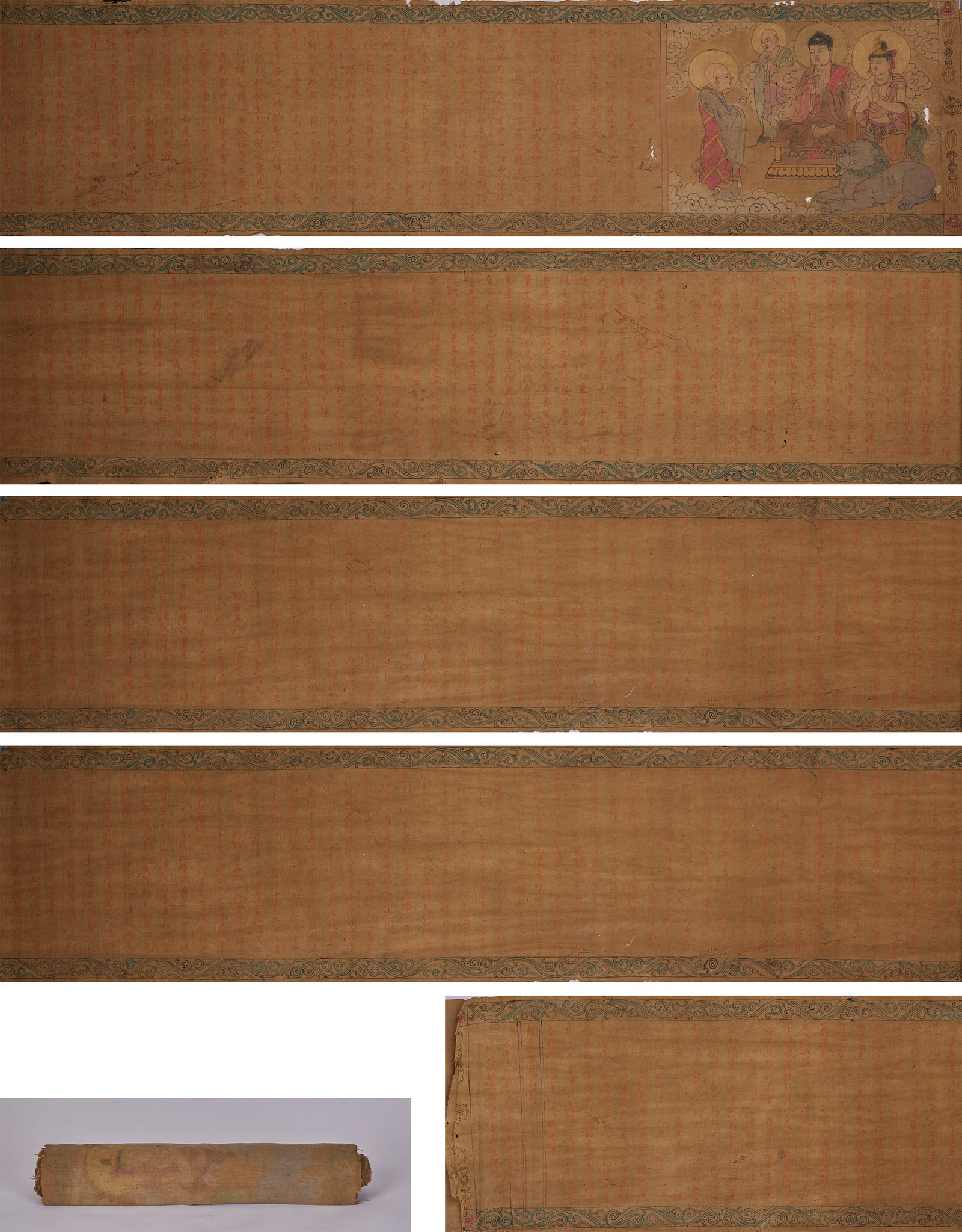 Linen Manuscript of The Mahayana Sutra of Hundreds of Blessings in Cinnabar Ink: "The Sutra of Great Blessings and Auspicious Marks" Handwritten in Vermilion on Linen Length: 720cm, Width: 44cm Made of linen (a special sutra-writing carrier instead of paper), with sutras written i