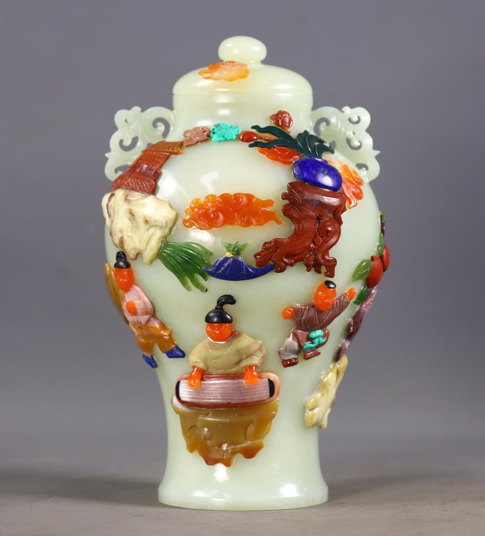 Hetian Jade Eight Treasures Inlaid Double-ear Jar (1 of 9)