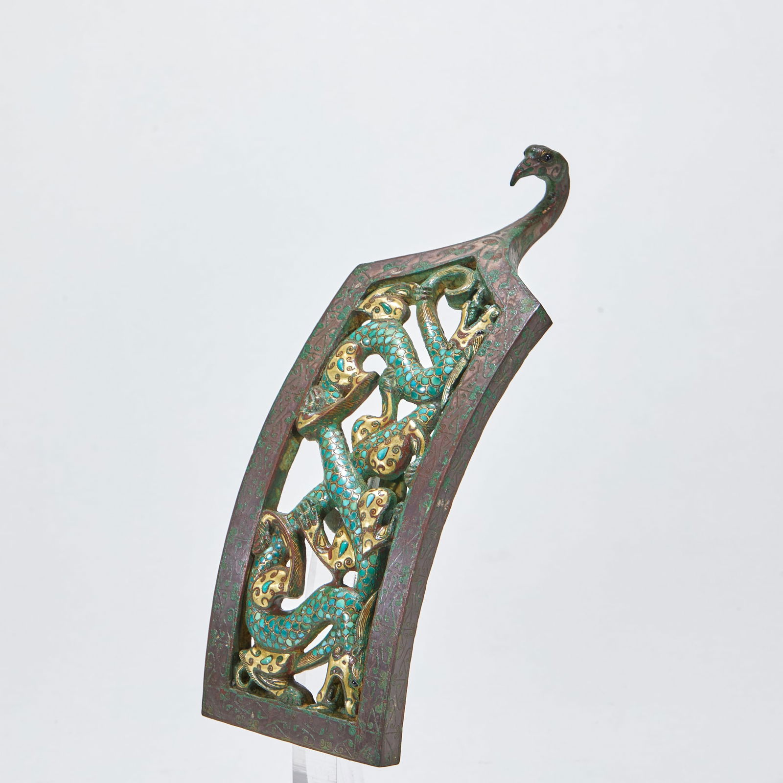 Gold and Silver Inlaid Bronze Dragon-Patterned Belt Hook Inlaid with Turquoise, Warring States to: Warring States to Han Dynasty Bronze Belt Hook with Gold and Silver Inlay and Turquoise Inlay Dragon Pattern Length 20.5cm, Width 7.6cm, Weight 640g Bronze with gold inlay, silver inlay and turquoise