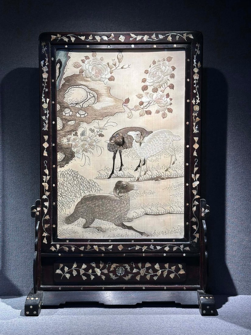 Guangdong Embroidery with Mother-of-Pearl Inlay Three Rams Bring Bliss , Late Qing Dynasty to: Late Qing to Republic of China Mother-of-Pearl Inlaid Cantonese Embroidery "Three Rams Bring Blessings" Height 71cm, Embroidery Core Height 49cm, Width 33cm Main body: Cantonese embroidery (silk threa