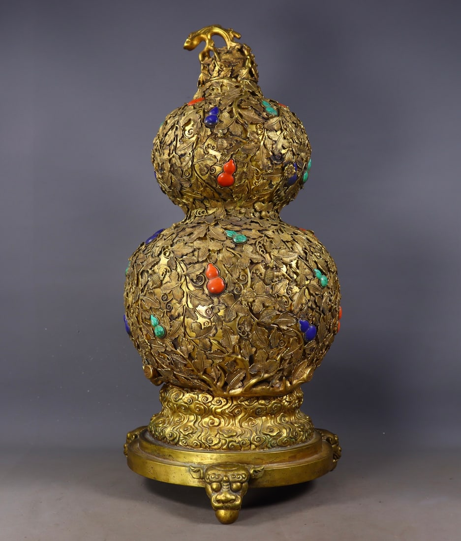 Gilt-Bronze Gourd-Shaped Vase Inlaid with Gemstones (1 of 9)