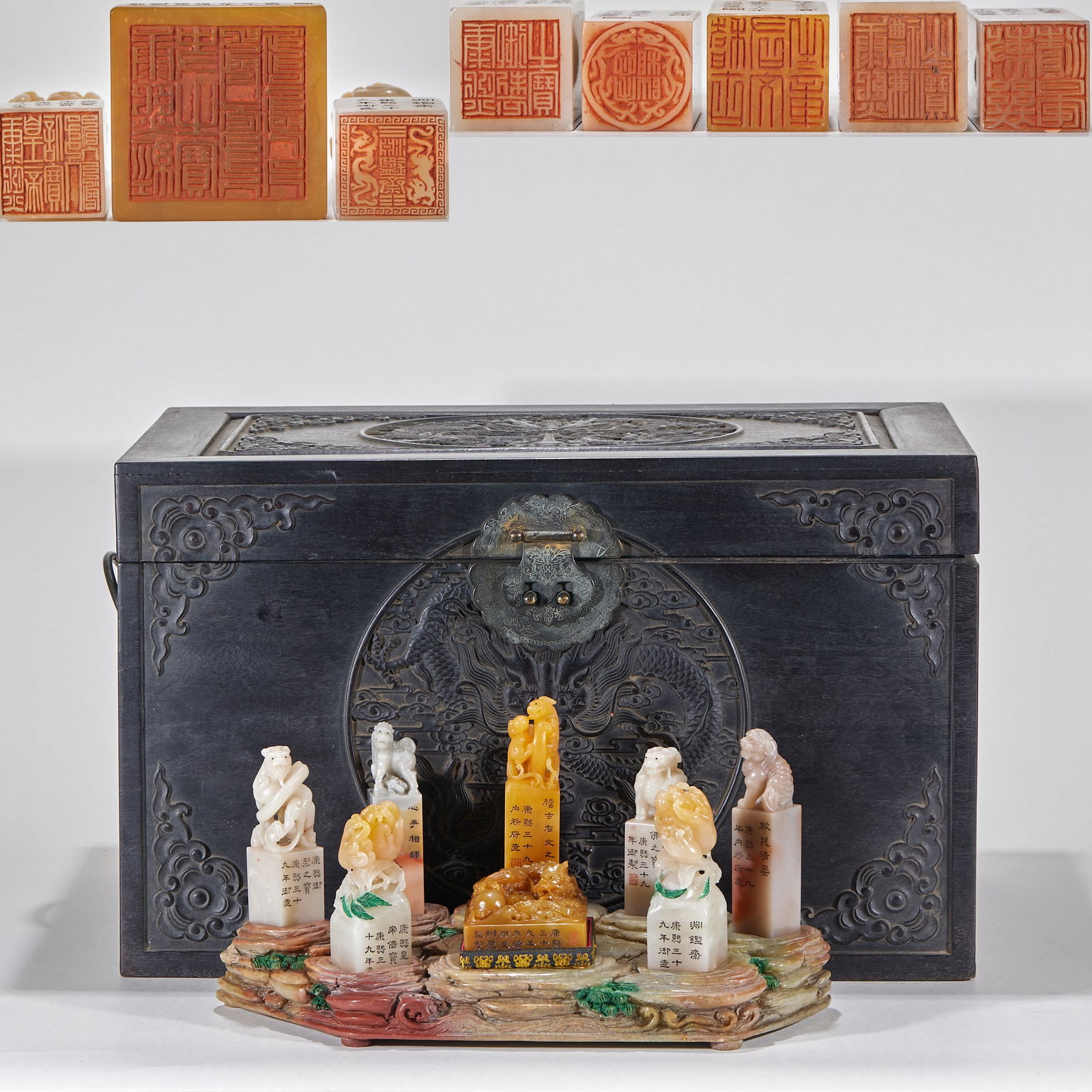 Set of Nine White Tianhuang Stone Seals with Dragon Knobs, Made by Imperial Order of the Kangxi (1 of 15)