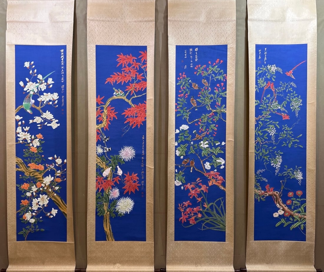 Zhang Daqian, Four Hanging Scrolls of Flowers: Zhang Daqian’s Four-Screen Flower Paintings, height 171cm, width 45cm, color on blue silk, modern mounting. Using meticulous brushwork and rich colors to paint four-season flowers, Zhang Daqian’s