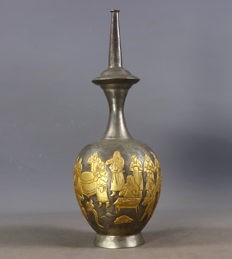 Partial Gilt Narrow-Mouthed Vase, Liao Dynasty: Partially Gilded Liao Dynasty Narrow-Mouth Vase, height 26.5cm, belly diameter 8.5cm, weight 424g, pure silver with partial gilding. Made using repoussé and chasing techniques, the vase body is decor