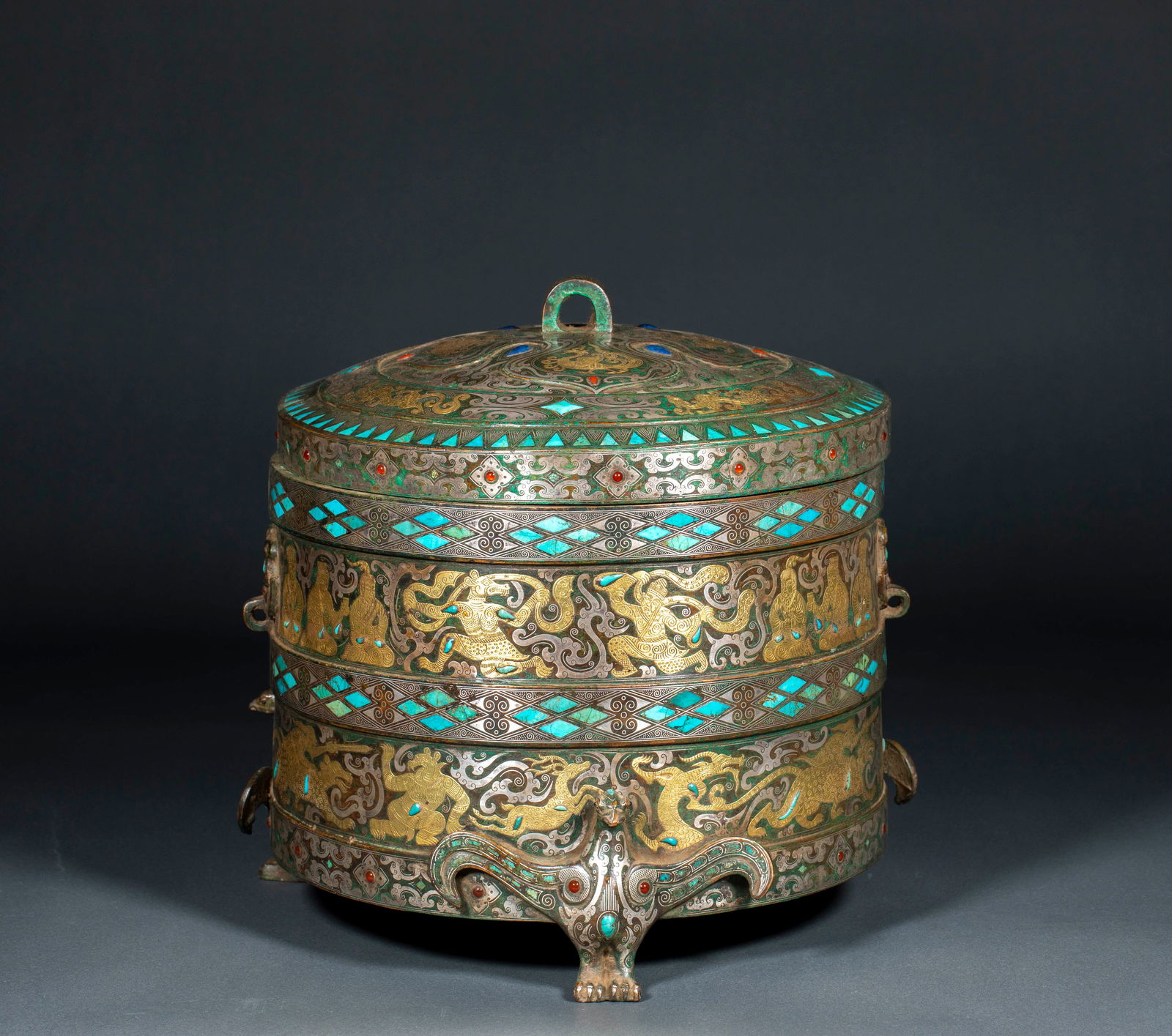 Gold and Silver Inlaid Turquoise-Adorned Covered Jar with Four Divine Beasts Motifs, Pre-Ming (1 of 16)