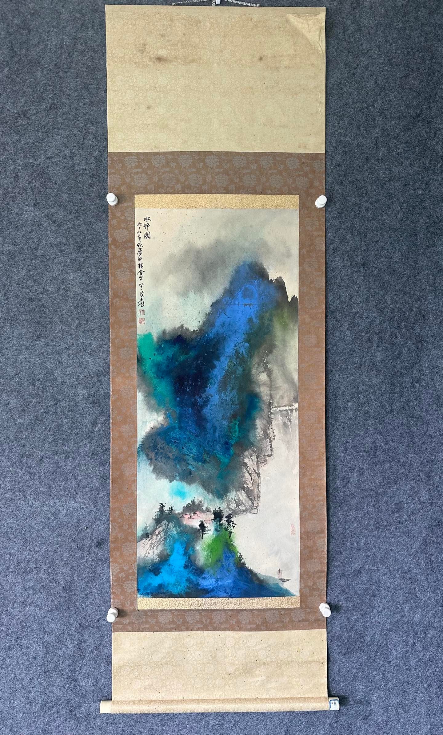 Zhang Daqian, Water Village on Paper, Hanging Scroll: Zhang Daqian’s Water Village Hanging Scroll on Paper, length 96cm, width 40cm, color on paper, modern mounting. Using the splash-ink and splash-color technique to depict a Jiangnan water village, it
