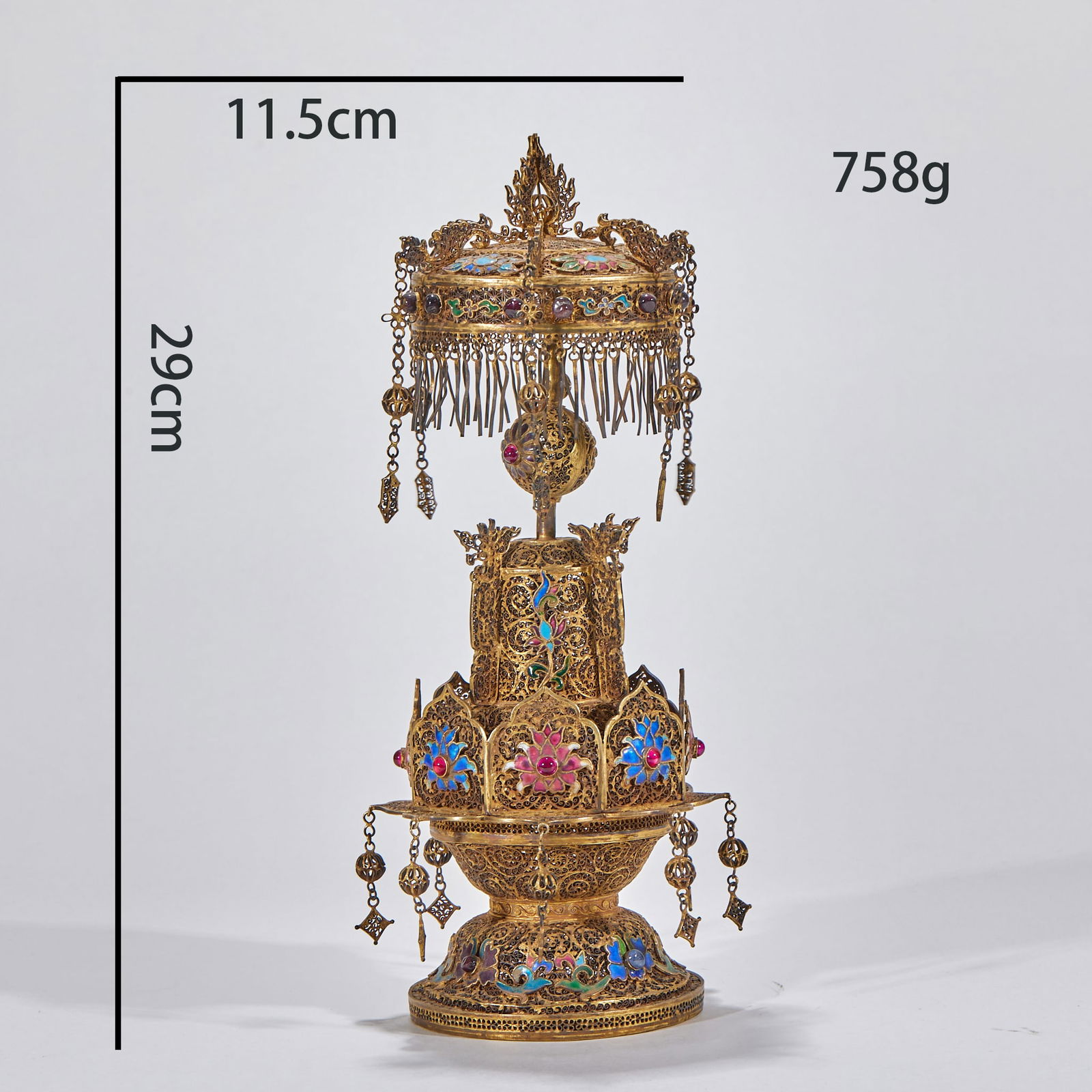 Gilt-Silver Filigree Lotus Pagoda: Gilt Silver Filigree Lotus Pagoda, height 29cm, diameter 11.5cm, weight 758g, gilt silver inlaid with gemstones and enamel. Adopting the "filigree" craftsmanship, the pagoda is of pavilion style,