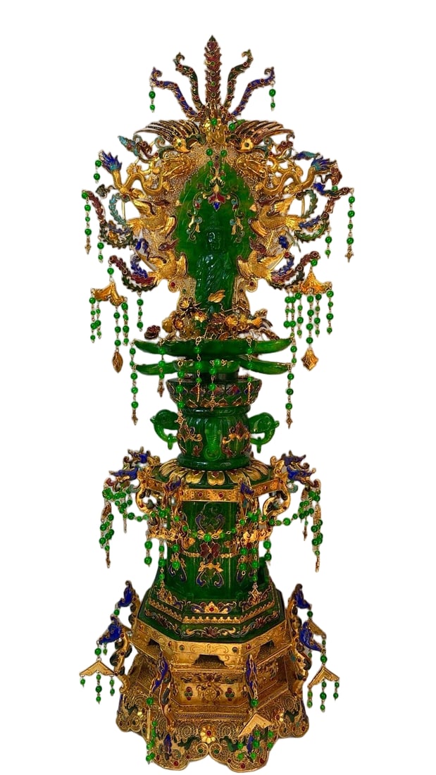 Gilt Filigree Sakyamuni Buddha Statue Inlaid with High-Transparency Jadeite: Gilt Filigree Gem-Inlaid High Ice Jadeite Sakyamuni Buddha Statue, height 83cm, length 30cm