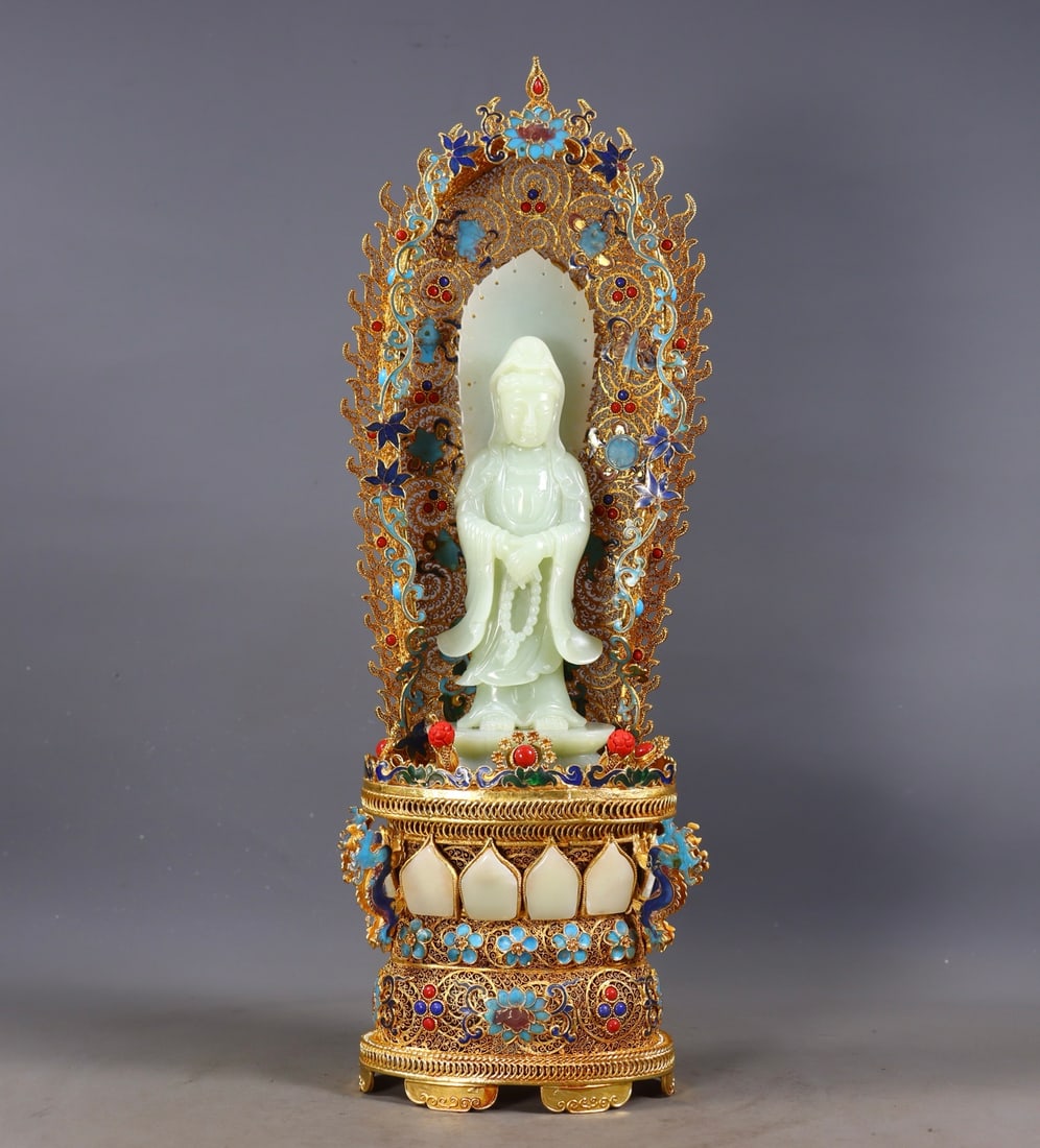 Gilt Filigree Hetian Jade Guanyin Statue: Filigree Gilt Hetian Jade Inlaid Guanyin Statue, height 41cm, length 14cm, width 8.5cm, weight 1594g