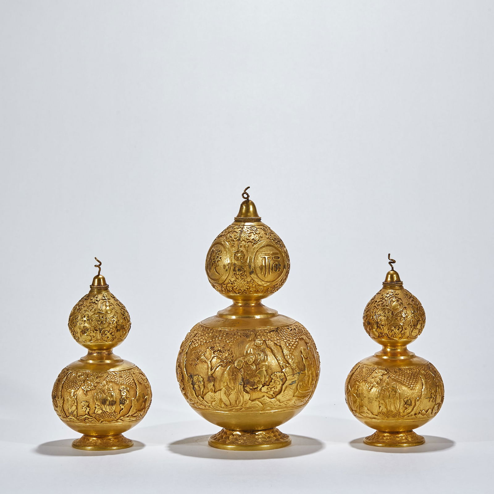 Set of Gilt-Bronze Gourd Ornaments with High-Relief Fu, Lu, Shou Motifs (1 of 14)