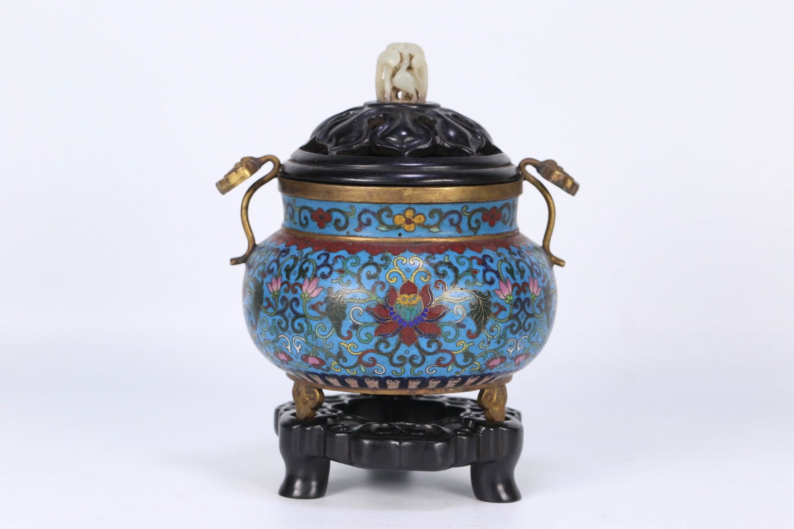 Cloisonn? Enamel Incense Burner with Ruyi Ears, Topped with Zitan Wood Cover with Jade Knob, (1 of 9)