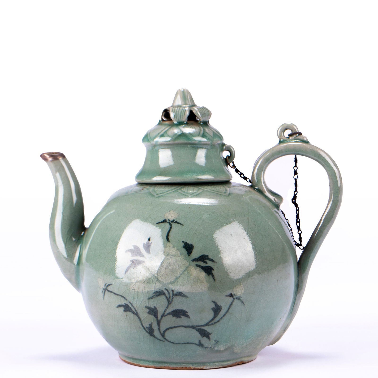 Koryo Celadon Ewer with Silver-Rimmed Mouth and Flower Motif: Koryo Celadon Flower-Patterned Ewer with Silver-Mounted Mouth, height 19cm, length 20.5cm, width 14.5cm