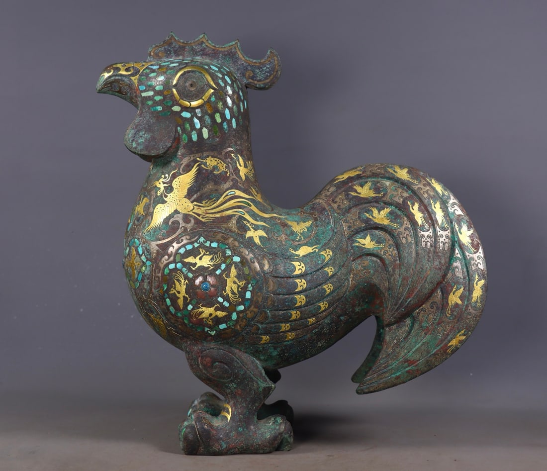 Gold and Silver Inlaid Gemstone Bronze Rooster, Warring States to Han Dynasty (1 of 9)