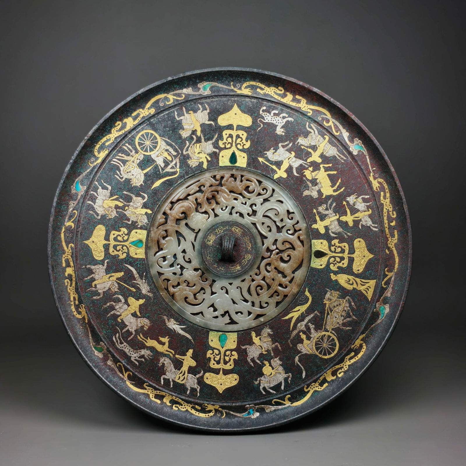Gold and Silver Inlaid Jade Bronze Mirror, Han Dynasty (1 of 8)