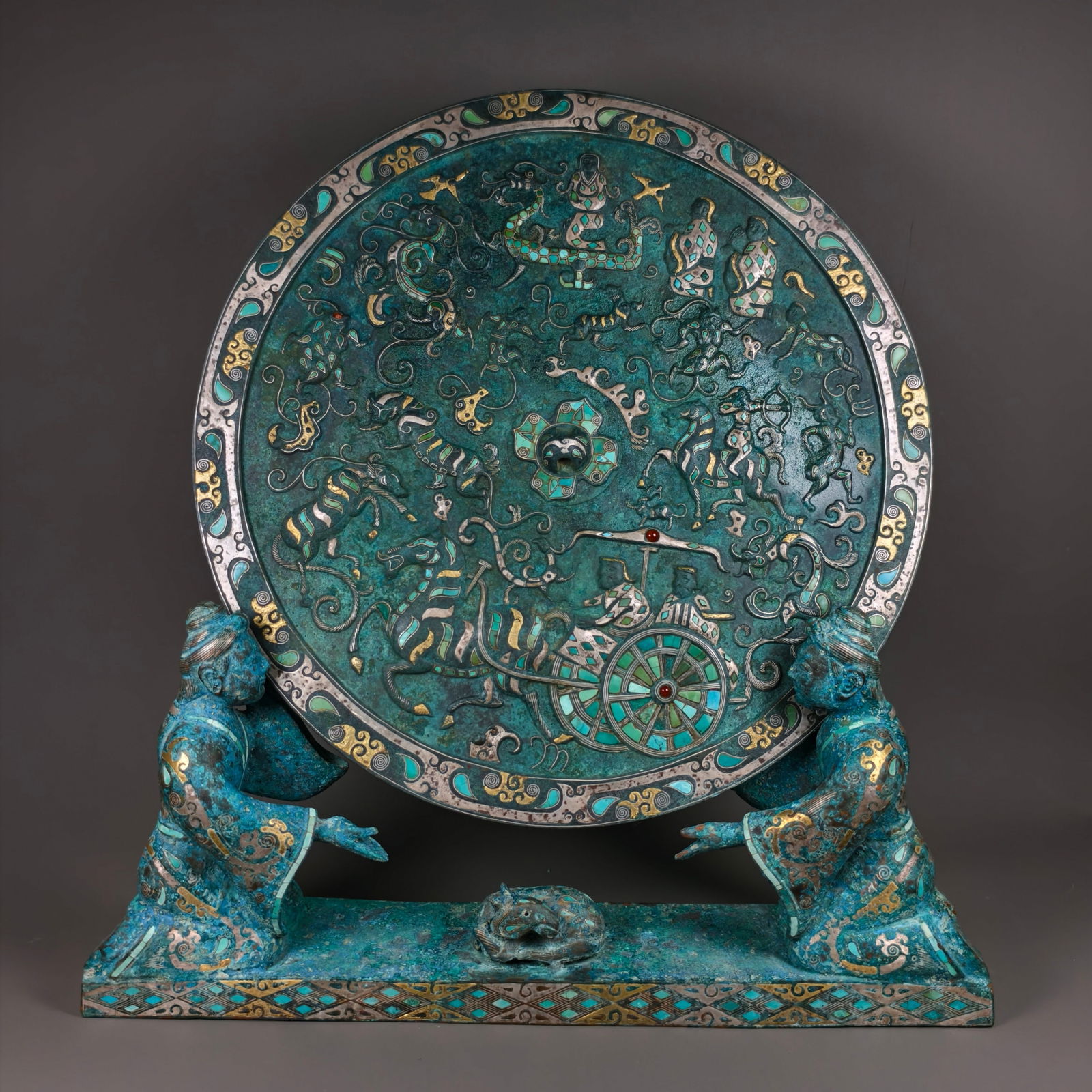 Gold and Silver Inlaid Turquoise Bronze Mirror Ornament, Han Dynasty: Han Dynasty Gold and Silver Inlaid Turquoise Bronze Mirror Ornament (with Stand), overall height 39cm, base length 37cm