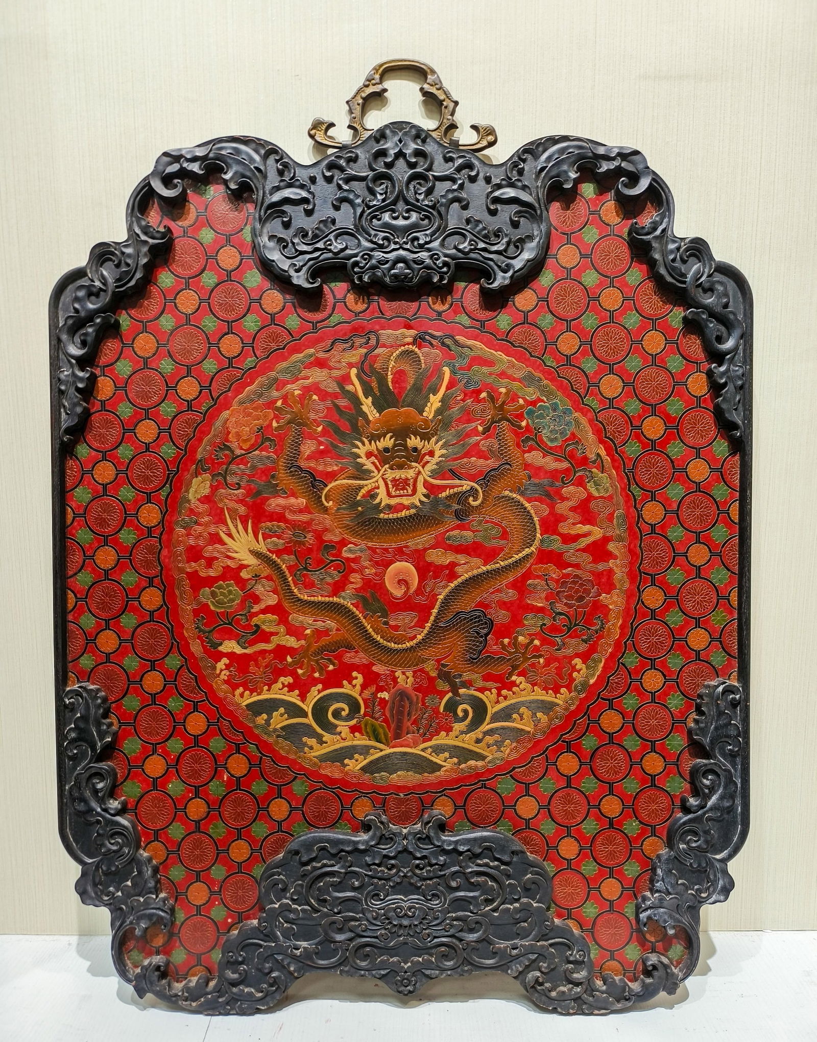 Zitan Wood Hanging Screen with Carved and Filled Dragon Patterns: Red Sandalwood Carved and Filled Dragon-Patterned Wall Screen, height 72cm, length 57cm