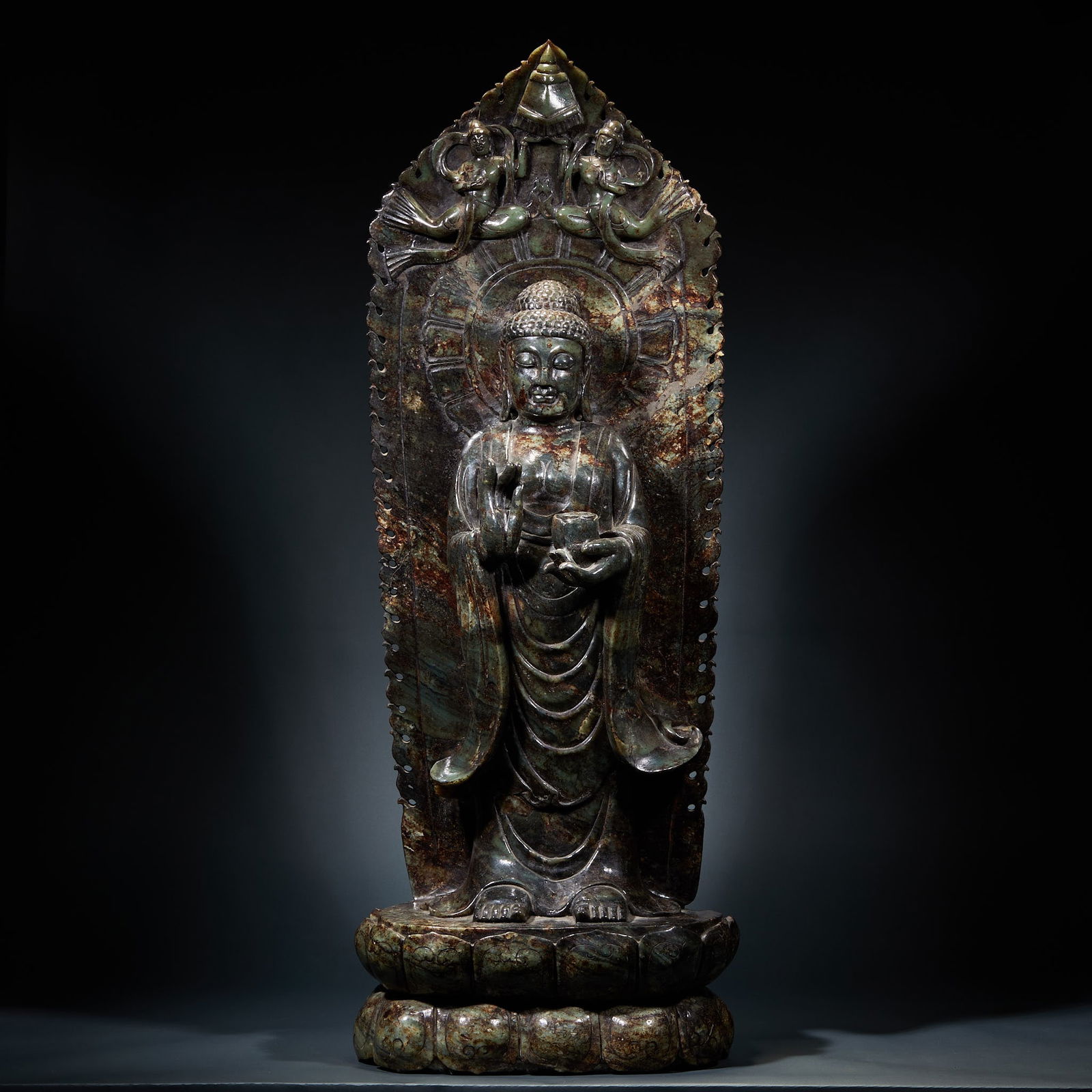 Jasper Statue of Bhaisajyaguru (Medicine Buddha), Pre-Ming Dynasty: Pre-Ming Jasper Medicine Buddha Statue, height 105cm, length 39cm, width 25cm