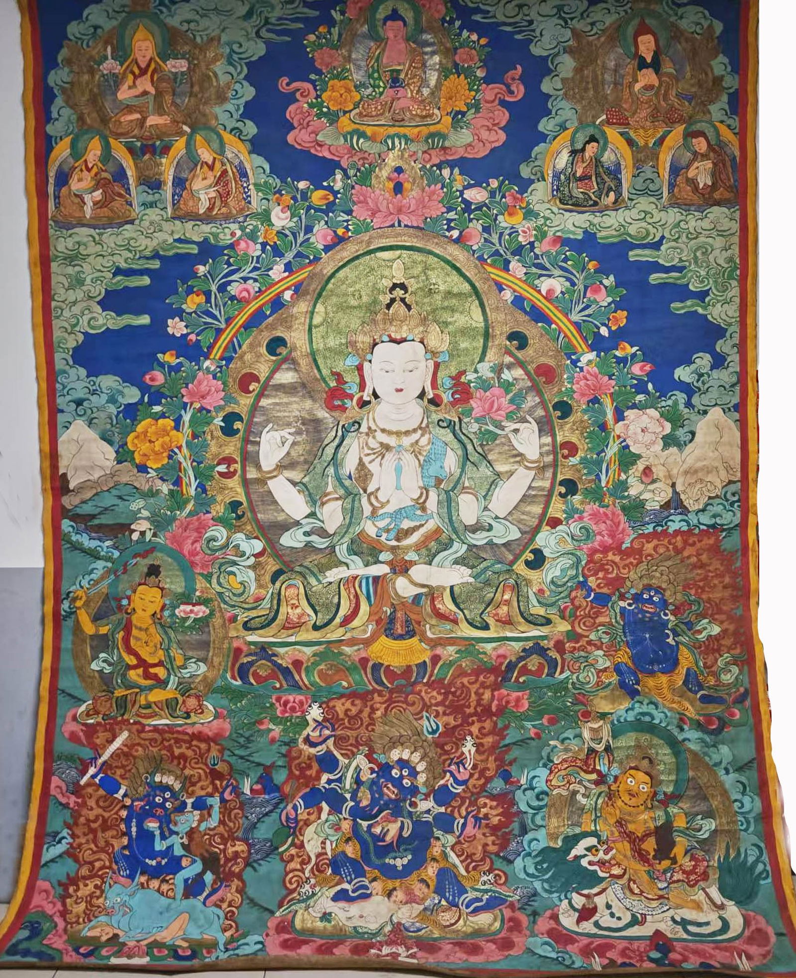 Large-Sized Thangka of Four-Armed Guanyin: Large-Sized Four-Armed Guanyin Thangka, length 320cm, width 2.5cm