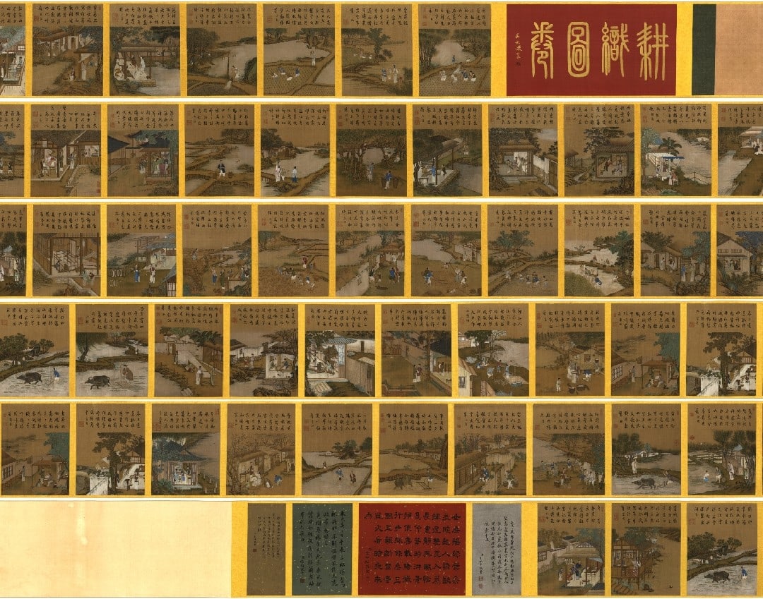 Pictures of Plowing and Weaving Hand Scroll on Silk by Chen Mei, Collected and Mounted by the: Chen Mei’s Pictures of Ploughing and Weaving Hand Scroll on Silk, Collected and Mounted by the Imperial Household Department, length 2776cm, width 61cm