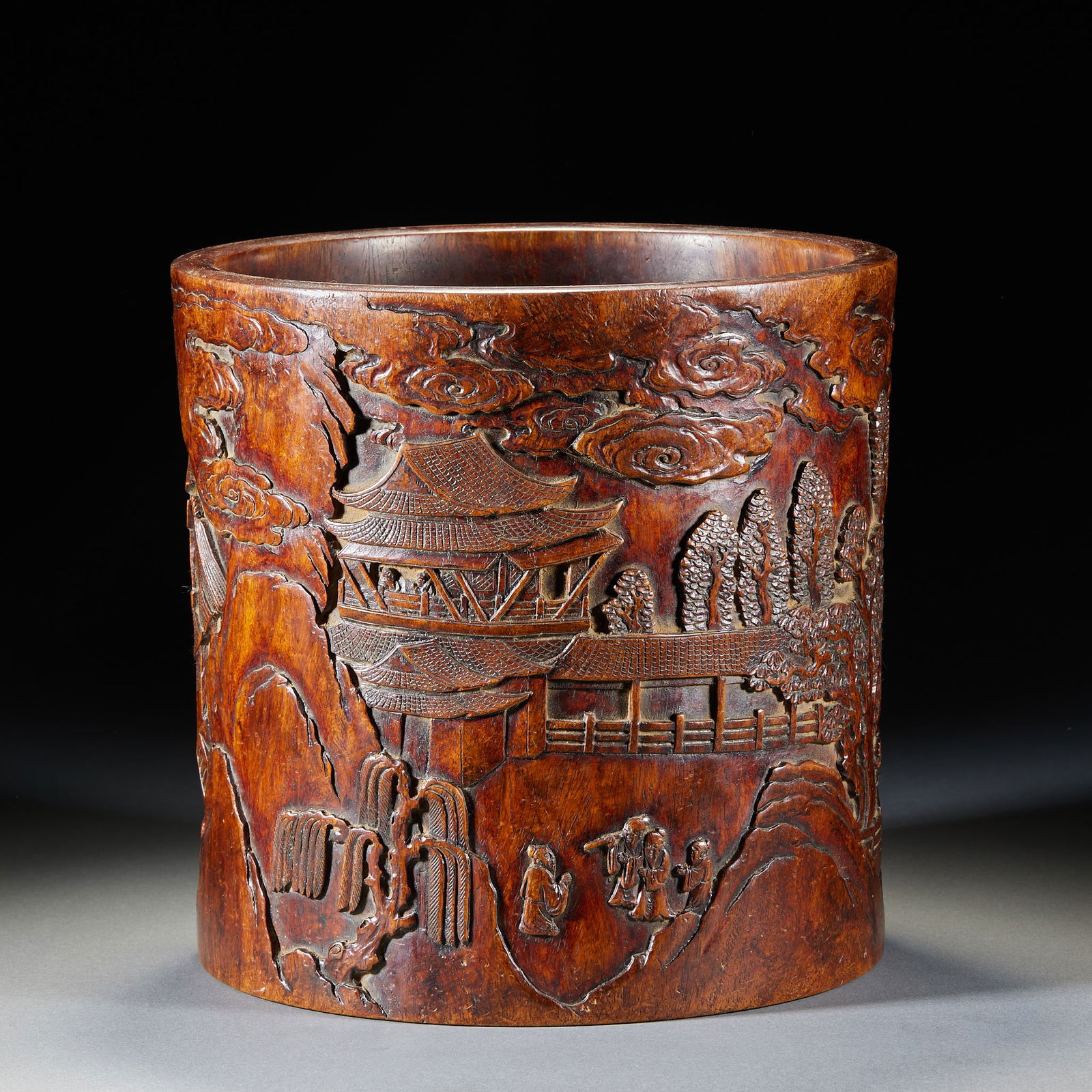 Huanghuali Wood Brush Pot Carved with Landscapes, Pavilions, Figures and Poems (1 of 11)