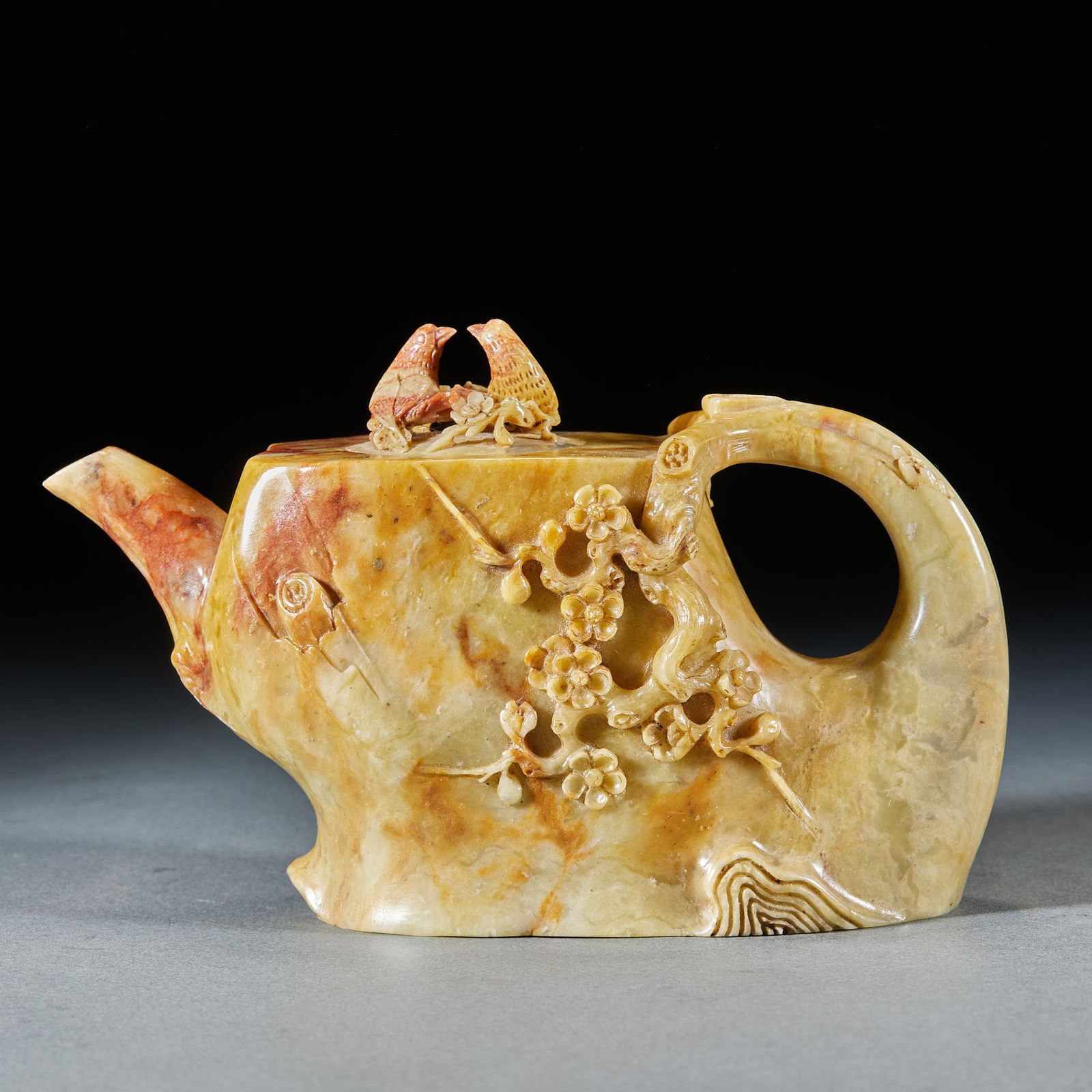 Shoushan Stone Ewer with "Magpies on Plum Blossoms" Motif: Shoushan Stone Ewer Magpies on Plum Blossoms , height 10cm, length 17cm, width 5.5cm, weight 606g