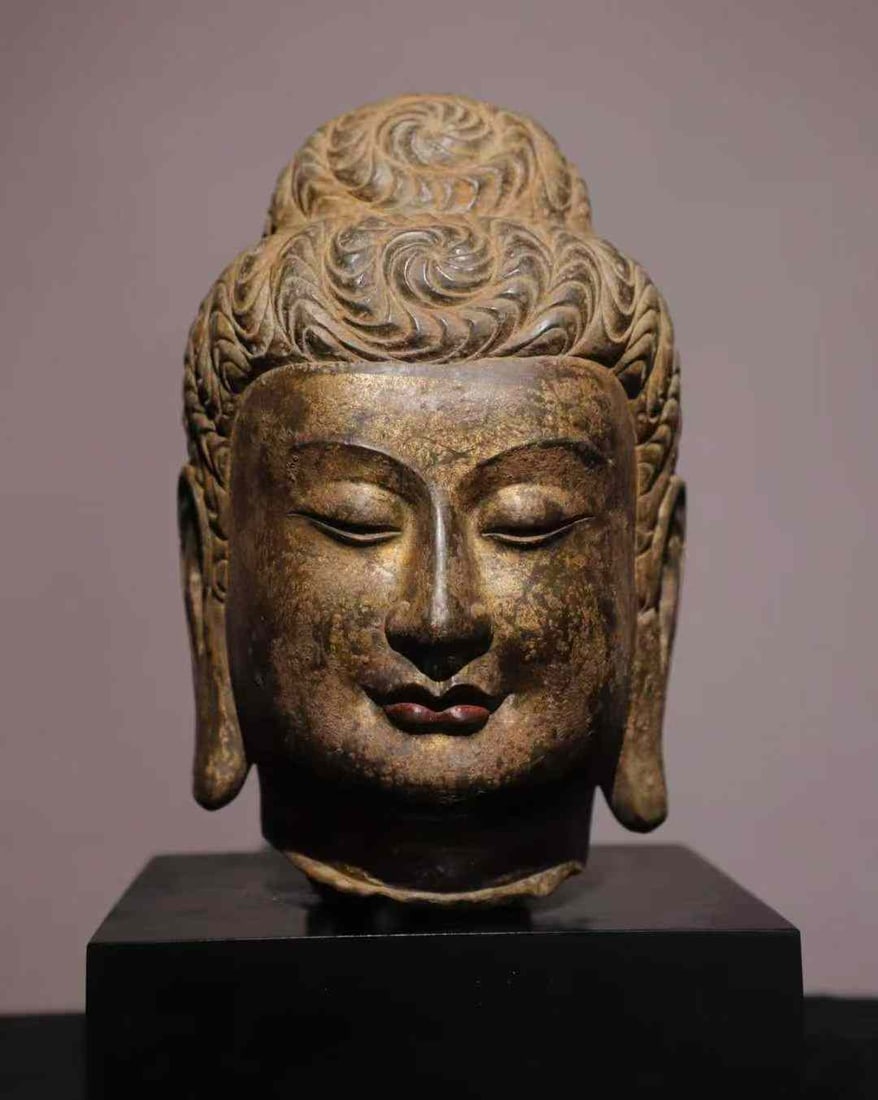 Head of Buddha, blue stone with gold gilding, Tang Dynasty (1 of 9)