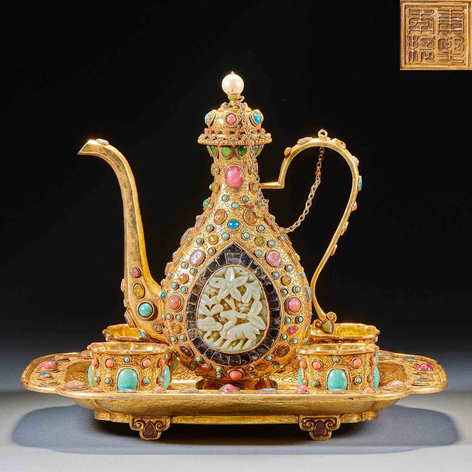A set of tea wares, bronze with gold gilding and inlaid multi-precious stones (1 of 20)