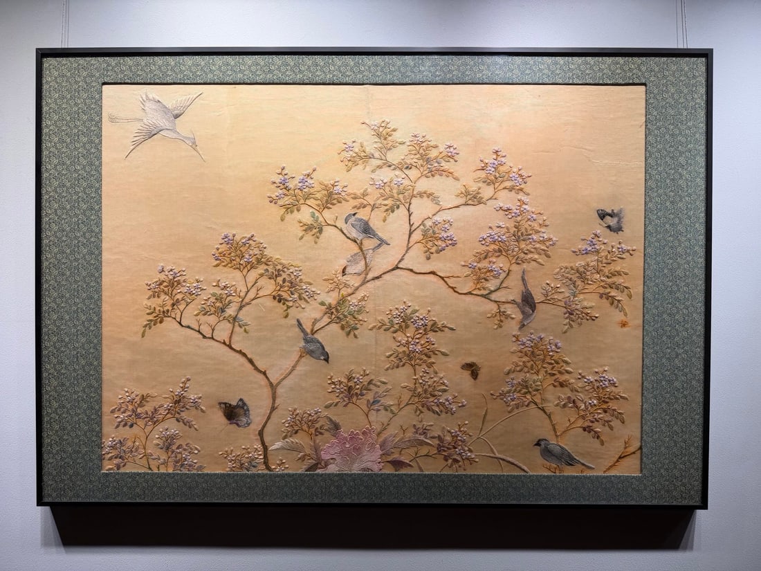 Embroidery of Magpies on the Plum Blossom (Joy on the Eyebrow) , Qing Dynasty: Qing Dynasty Embroidery "Magpies on Plum Blossom (Joy on the Eyebrow)" | Late Qing Dynasty (1821–1912 AD) | Mulberry silk thread on beige damask base; set stitch, interlocking stitch, magpie on plum