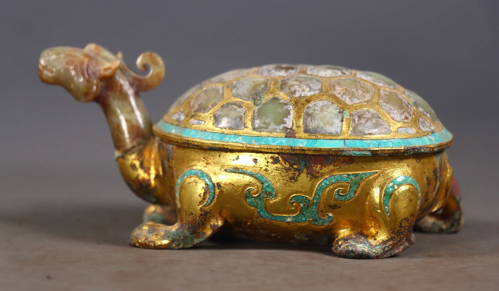 Dragon-tortoise box, bronze with gold gilding and inlaid Hetian jade & turquoise, Zhan-Han Period (1 of 9)