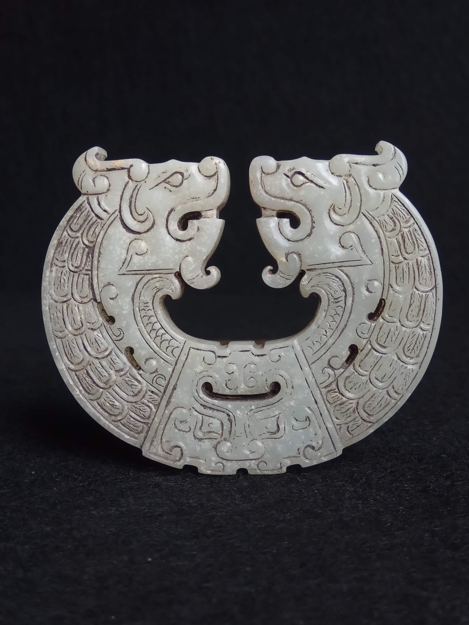 Hetian White Jade Pendant (Huang-shaped) with Double Dragon Pattern, Han Dynasty (1 of 9)