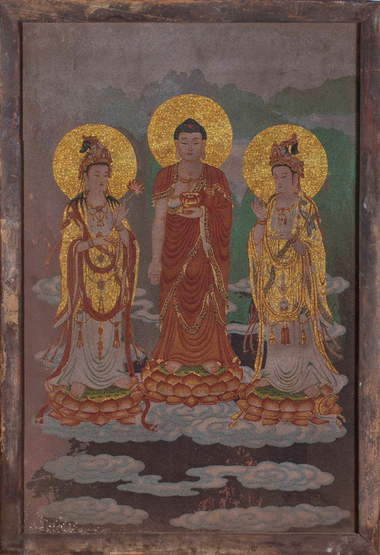 Hanging screen of the Western Three Saints, kesi (silk tapestry), Pre-Ming Dynasty: Pre-Ming Dynasty, Kesi Portrait of the Three Western Saints Hanging Screen, L: 96cm, W: 66cm. Woven in the imperial kesi workshops from the Yuan to the Ming Dynasty, it was enshrined in the royal