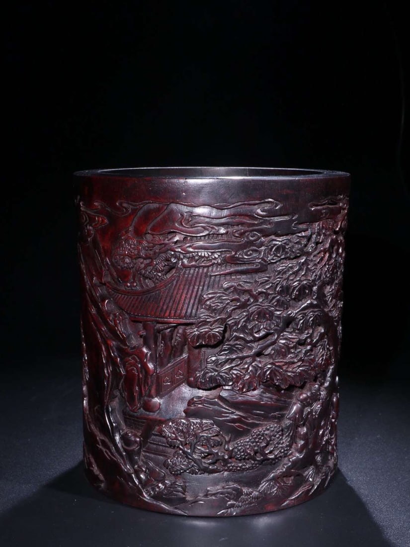 Brush pot with figure-story design, small-leaf red sandalwood, Late Qing Dynasty (1 of 9)